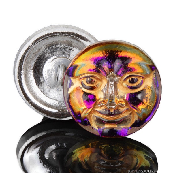 Moon Face Czech Glass Buttons | Purple Orange Iridescent Gold Wash | Wire Loop Shank Button | 17mm (1 button) 95BV16