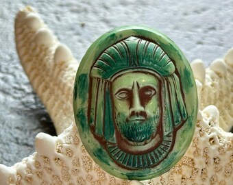 Vintage Green Glass King Tut Cameo | Pharaoh Egyptian Revival Cabochon | 31x40mm (1 piece) ERC-015