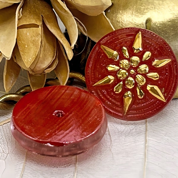 Red Coral Gold Starburst Floral Czech Glass Shankless Buttons Red Glass Cabochons 18mm (1 piece) 45V19