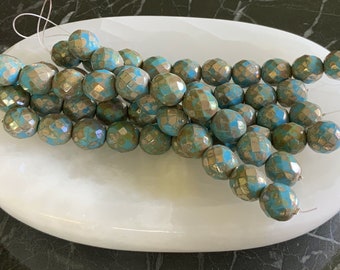 Czech Glass Blue Opaque Luster Faceted Fire Polished Czech Glass Beads Blue Lustered Round Czech Beads 12mm (5/10 beads) 237V9