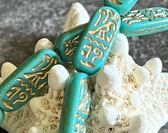 Turquoise Gold Egyptian Revival Cartouche Czech Glass Beads Blue Gold Cartouche Beads 25x10mm (2/5 beads) 198V12