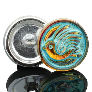 Boho Chic Czech Glass Button with Gold Bird Accent, 18mm | Orange, Gold, Turquoise Wash | (1 button) 91BV16