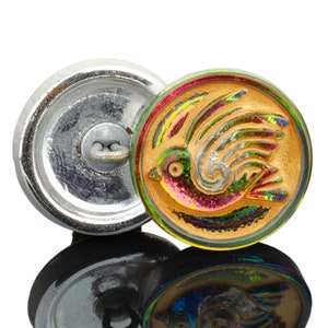 Green Pink Iridescent Gold Wash Bird Czech Glass Button Gold Bird Button 18mm (1 button) 92BV16