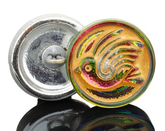 Green Pink Iridescent Gold Wash Bird Czech Glass Button Gold Bird Button 18mm (1 button) 92BV16