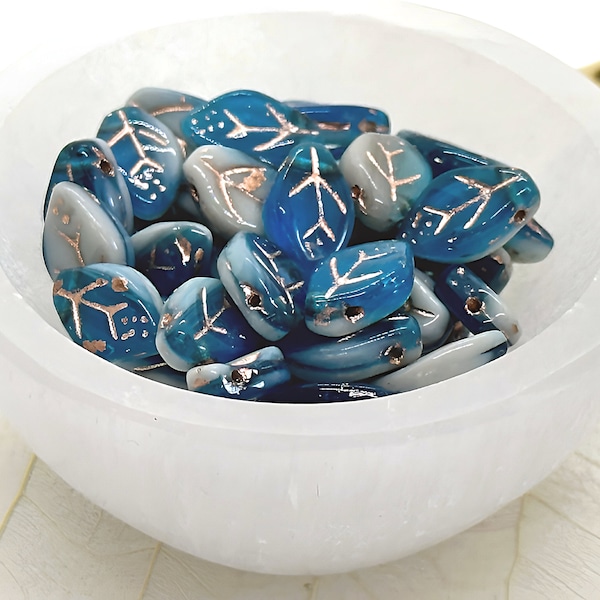 Blue White Leaves Czech Glass Beads White Blue Czech Leaf Beads 12x7mm (15/30 beads) 477V9