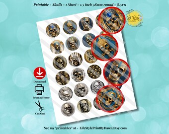 Egyptian Revival Skulls Cameosn- Skull Paper Cabochon Images - Downloadable Printable Cabochon Collage (24 cabs 1.5" 38mm) CABS-016