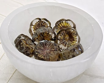 Crystal Transparent Luster Picasso Hibiscus Flower Czech Glass Beads Crystal Luster Hawaiian Czech Beads 14mm (2/4 beads) 292V9