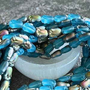Aqua Vitrail Matte Tulip Flower Czech Glass Beads Blue Flower Beads 11x7mm (6/20 beads) 68V6