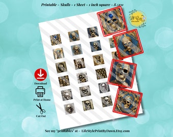 Egyptian Revival Skulls Cameos - Skull Paper Cabochon Images - Downloadable Printable Cabochon Collage (24 cabs 1" square 25mm) CABS-017