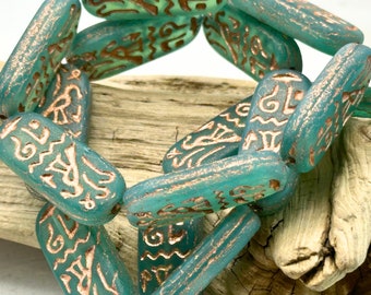 Egyptian Cartouche Vaseline Aqua Blue Opaline Matte | Copper Finish Czech Glass Beads | 25x10mm (2/4/6 beads) 379V16