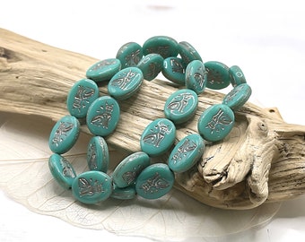 Egyptian Cat Oval Opaque Turquoise and Platinum Wash Czech Glass Beads 16x12mm (2/4/6/12 beads) 344V16