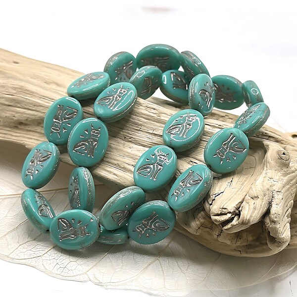 Egyptian Cat Oval Opaque Turquoise and Platinum Wash Czech Glass Beads 16x12mm (2/4/6/12 beads) 344V16