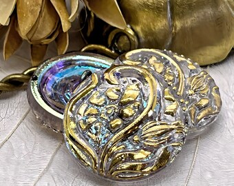 Botón de cristal checo con diseño floral azul y dorado / Ideal para manualidades y costura / 23 mm (1 botón) 18V19