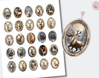 BUNDLE Christmas Reindeer Printable Oval Cabochons | Paper Cab Images | Deer Cabochon Collage | (30x40, 22x30, 18x25, 13x18mm) CABS-124BU