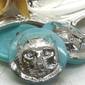 Blue Silver Cat Czech Button Vaseline Kitty Czech Glass Buttons 23mm (1 button) 12V19