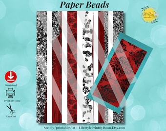 Digital Paper Bead Template - Jewelry Bead Supplies - Red Black White Aqua Paper Beads - Digital Download Printable Beads PDF PPB-019