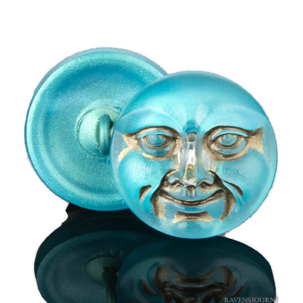 Moon Face Czech Glass Buttons | Aqua Blue Antiqued Wash | Wire Loop Shank Button | 17mm (1 button) 96BV16