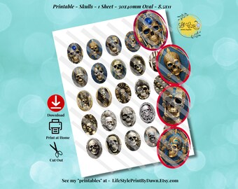 Egyptian Revival Skulls Cameos - Skull Paper Cabochon Images - Downloadable Printable Oval Cabochon Collage (25 cabs 30x40mm) CABS-018