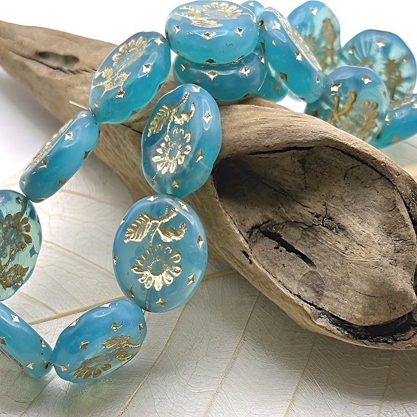 Blue Gold  Daisy FlowerCzech Glass Beads Blue Gold Marguerite Daisies Czech Beads 18mm (2/4/8 beads) 78V1