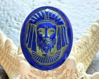 Vintage Blue Green Glass King Tut Cameo | Pharaoh Egyptian Revival Cabochon | 31x40mm (1 piece) ERC-008