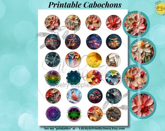 Elegant Floral Cabochon Images | Instant Download | Printable Paper Collage Kit DIY Jewelry | Style 2 (1" & 1.5") CABS-002A