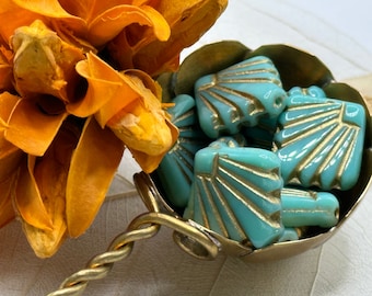 Turquoise Gold Art Deco Fan Czech Glass Beads Blue Green Gold Art Deco Fan Czech Beads 17mm (2/4/8/10 beads) 56V6