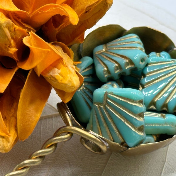 Turquoise Gold Art Deco Fan Czech Glass Beads Blue Green Gold Art Deco Fan Czech Beads 17mm (2/4/8/10 beads) 56V6