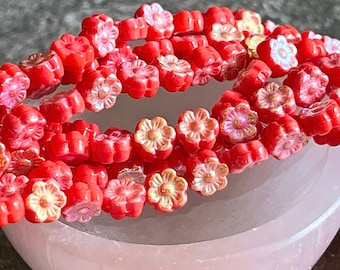 Red Hawaiian Czech Glass Beads Red Mixed Color Finish Hibiscus Flower Czech Beads 6mm (10/25 beads) 97V1