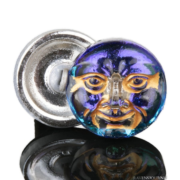 Moon Face Czech Glass Buttons | Tanzanite Purple Blue Gold Wash | Wire Loop Shank Button | 17mm (1 button) 97BV16