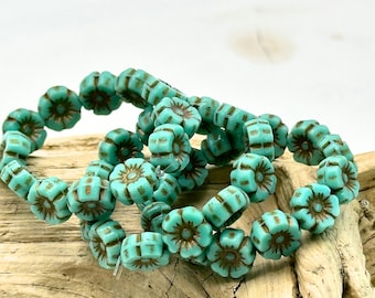 Turquoise Opaque Bronze Wash Hibiscus Flower Czech Glass Beads Blue Hawaiian Flower Beads 7mm (1 strand/12 beads) 390V16