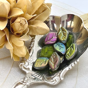 Mix Green Metallic Look Leaf Czech Glass Beads Green Mix Leaves Czech Beads 12x7mm (6/10 beads) 471V9
