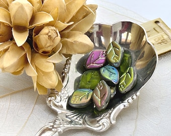 Mix Green Metallic Look Leaf Czech Glass Beads Green Mix Leaves Czech Beads 12x7mm (15/30 beads) 471V9