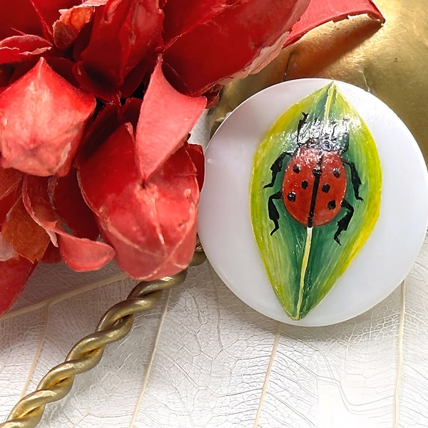 Red Green Ladybug Hand-Painted White Czech Glass Button 27mm (1 piece) 98V19