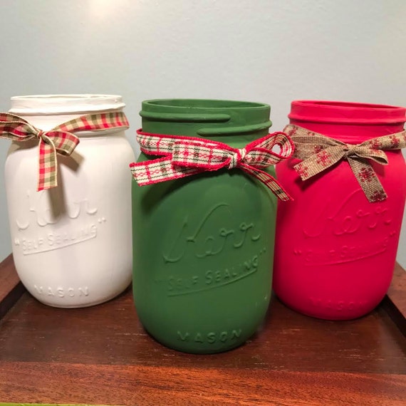 Set of 3 Mason Jars / White Green Red / Painted Jars / | Etsy
