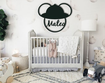 Safari Hat Mickey Mouse Silhouette Disney Nursery Room Décor - Wild Safari Decor Wood Mickey Name Cutout - Wall Hanging Mickey Sign