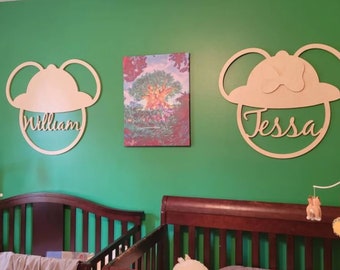 Safari Twin Nursery Mickey Mouse Silhouette Disney Nursery Room Décor - Wild Safari Decor Wood Mickey Name Cutout - Wall Hanging Mickey Sign