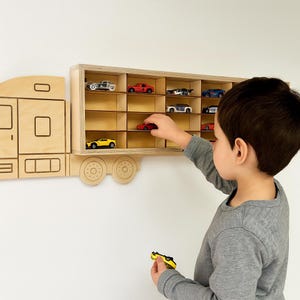 Wooden Truck Display Shelf for Hot Wheels – Wall-Mounted Toy Car Organizer for Kids Boys Room Decor Storage for Diecast Cars, Christmas Gift