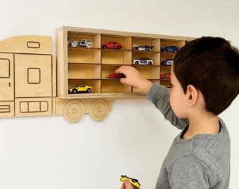 Wooden Truck Display Shelf for Hot Wheels – Wall-Mounted Toy Car Organizer for Kids Boys Room Decor Storage for Diecast Cars, Christmas Gift