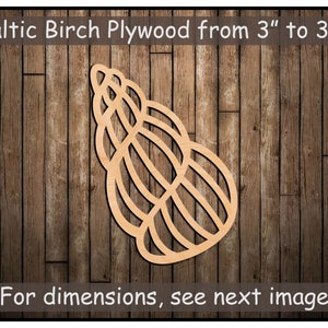 May include: A wooden cutout of a seashell, made from Baltic birch plywood. The shell is detailed with intricate lines and curves. The cutout is available in sizes from 3 inches to 35 inches.