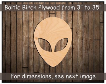 Wood Alien Head Cut Out Silhouette Shape - Large & Small - Unfinished Outer Space Planets UFO Wood Shapes - Pick Size