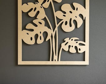 Monstera Leaf Wall Art | Framed Tropical Plant Decor | Boho Jungle Wall Decor | Wooden Monstera Shape | Botanical Home Decor
