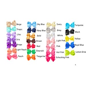 May include: A chart of 20 different colored hair bows, each with a name label underneath. The colors include beige, tropic, lilac, iris, grape, light peach, peach, sky blue, navy blue, gold, brown, red, emerald, tangerine, ivory, grey, white, light pink, pink, hot pink, shocking pink, turquoise, black, yellow, royal blue, and lemon green.