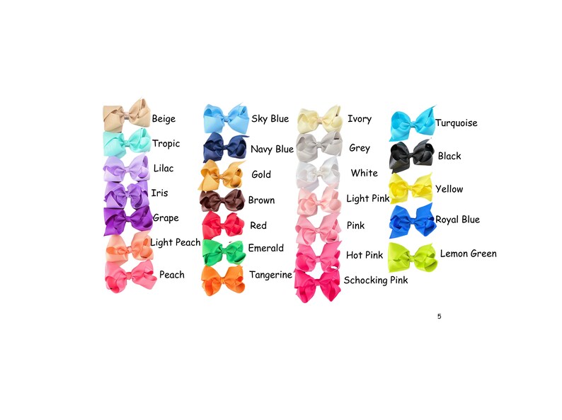 May include: A chart of 20 different colored hair bows, each with a name label underneath. The colors include beige, tropic, lilac, iris, grape, light peach, peach, sky blue, navy blue, gold, brown, red, emerald, tangerine, ivory, grey, white, light pink, pink, hot pink, shocking pink, turquoise, black, yellow, royal blue, and lemon green.