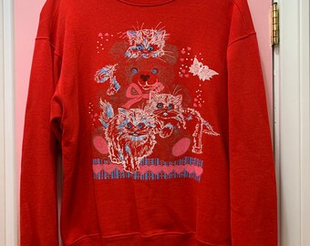 Vintage Red Kitty Cat Kitten Teddy Bear Graphic Valentine’s Day Sweatshirt