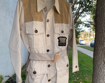 70s Vintage Safari Khaki Jacket Trench w/ Belt and Suede Detail Size M