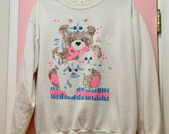 Vintage White Kitty Cat Kitten Teddy Bear Graphic Sweatshirt