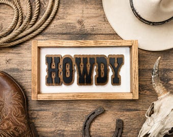 Howdy Western Entryway Sign | Rustic Farmhouse Wall Decor | Cowboy Welcome Sign | Western Home Accent | 12.5 x 7.5"
