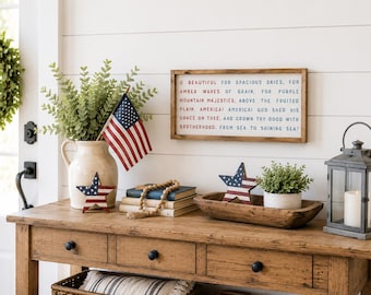 America the Beautiful Patriotic Wooden Framed Sign | Farmhouse Americana Wall Decor | Red White And Blue Home Accent | 21.5" x 9.5"