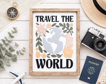 Travel the World Wood Sign | Wanderlust Decor | Travel Lover Gift | Layered Wood Wall Art | Office Adventure Decor | 17.5" x 13.5"