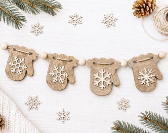 Rustic Wooden Mitten Garland – Winter & Christmas Decor Banner | Mitten Snowflake Decor